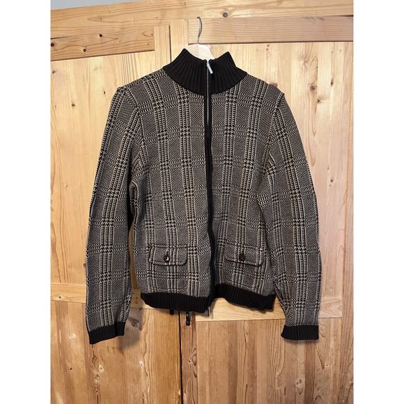 Lauren Ralph Lauren Brown Tan Houndstooth Plaid 100% Cotton Knit Zip Jacket XL - Picture 2 of 10